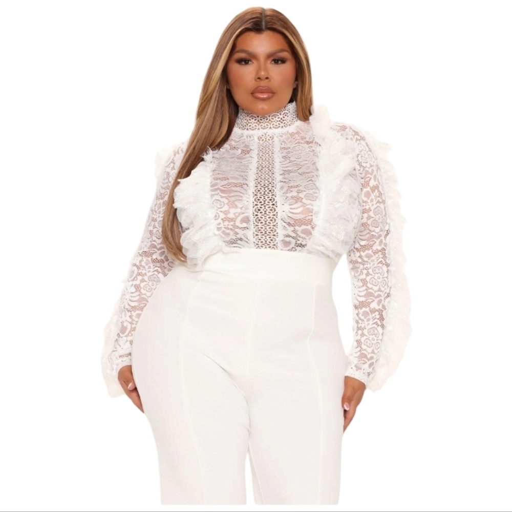 Fashion Nova White "In My Shadow" Lace Top Wide Leg Pant Jumpsuit, Sz L - Picture 6 of 9